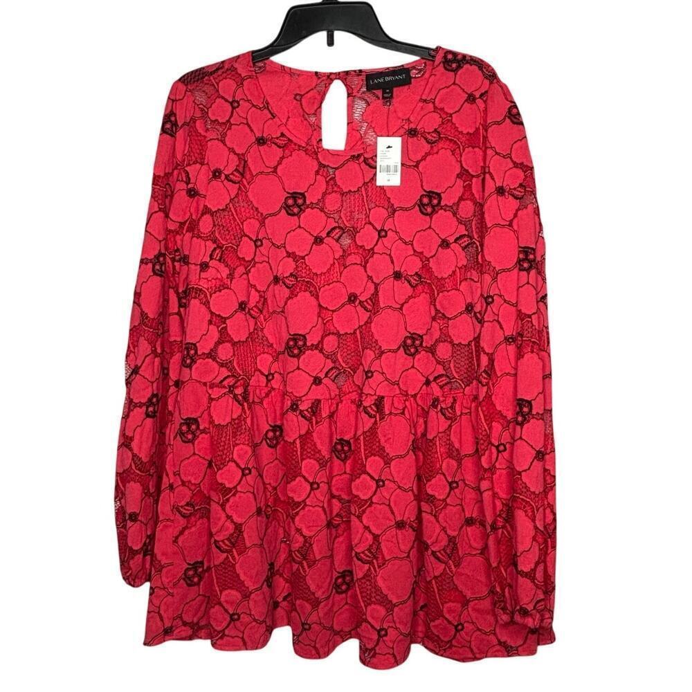Lane Bryant Pink & Black Lace Floral Preppy Poppies Sheer Blouse Size 18 New